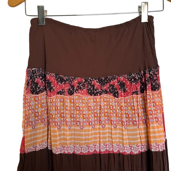 Vintage USA Made Crinkle Pleat Midi Skirt Chocolate Brown Patchwork Print Size L - Picture 4 of 7